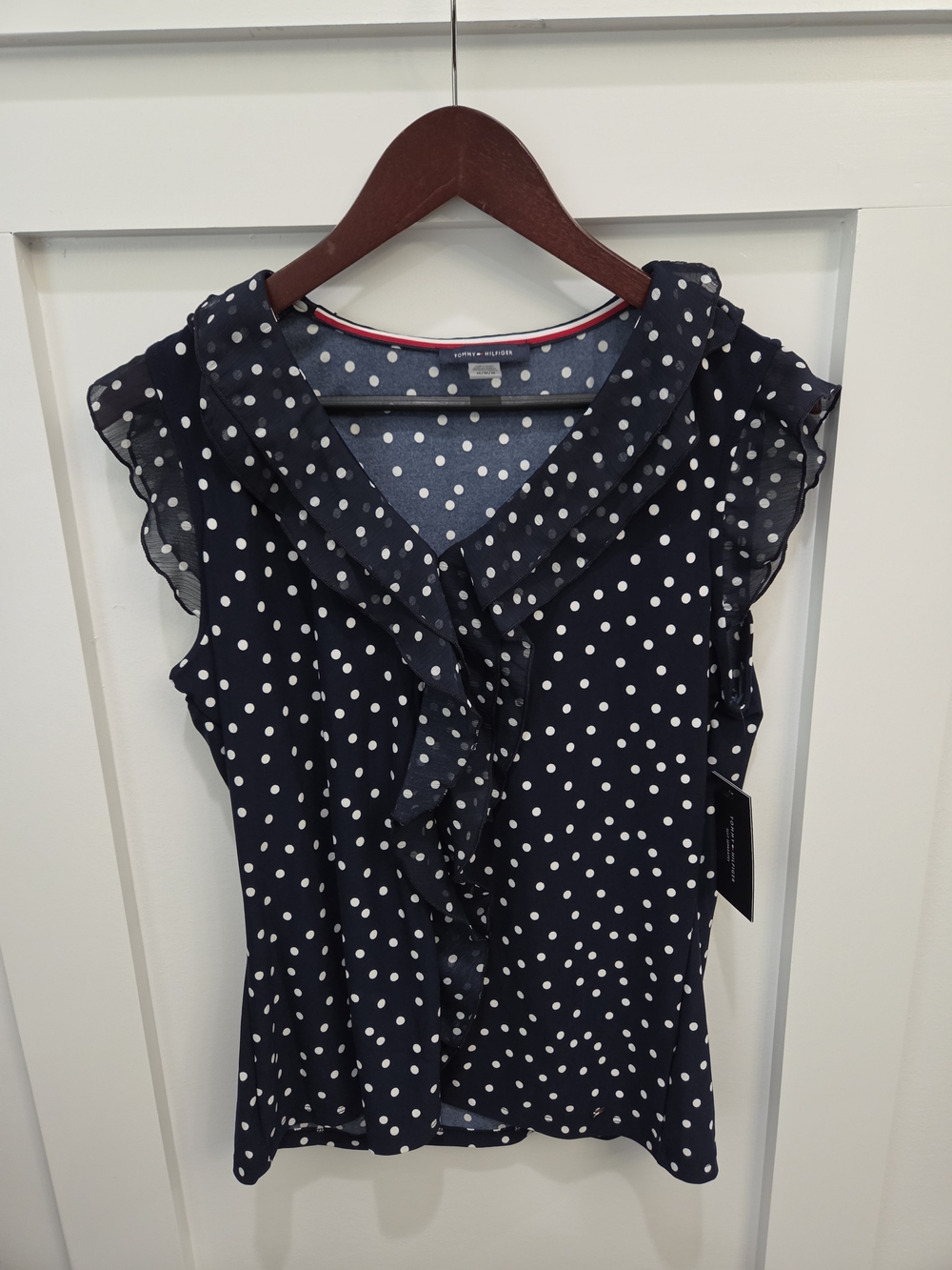 Tommy Hilfiger Navy Polka Dot Ruffle Sleeve Blouse
